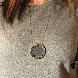 House of Harlow 1960 Leather Sunburst Long Necklace Silver Tone Big Pendant